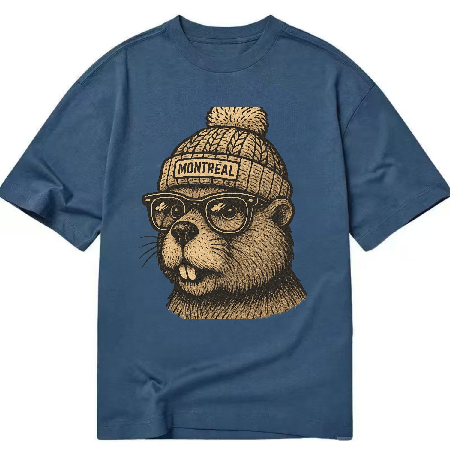Montreal Beaver wearing Montreal beanie with pom pom and wayfarer sunglasses - Classic T-shirt - Twilight Navy(Blue)