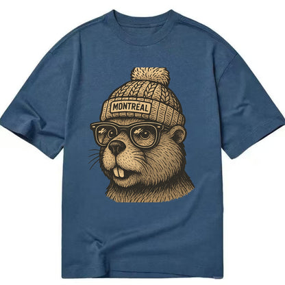 Montreal Beaver wearing Montreal beanie with pom pom and wayfarer sunglasses - Classic T-shirt - Twilight Navy(Blue)