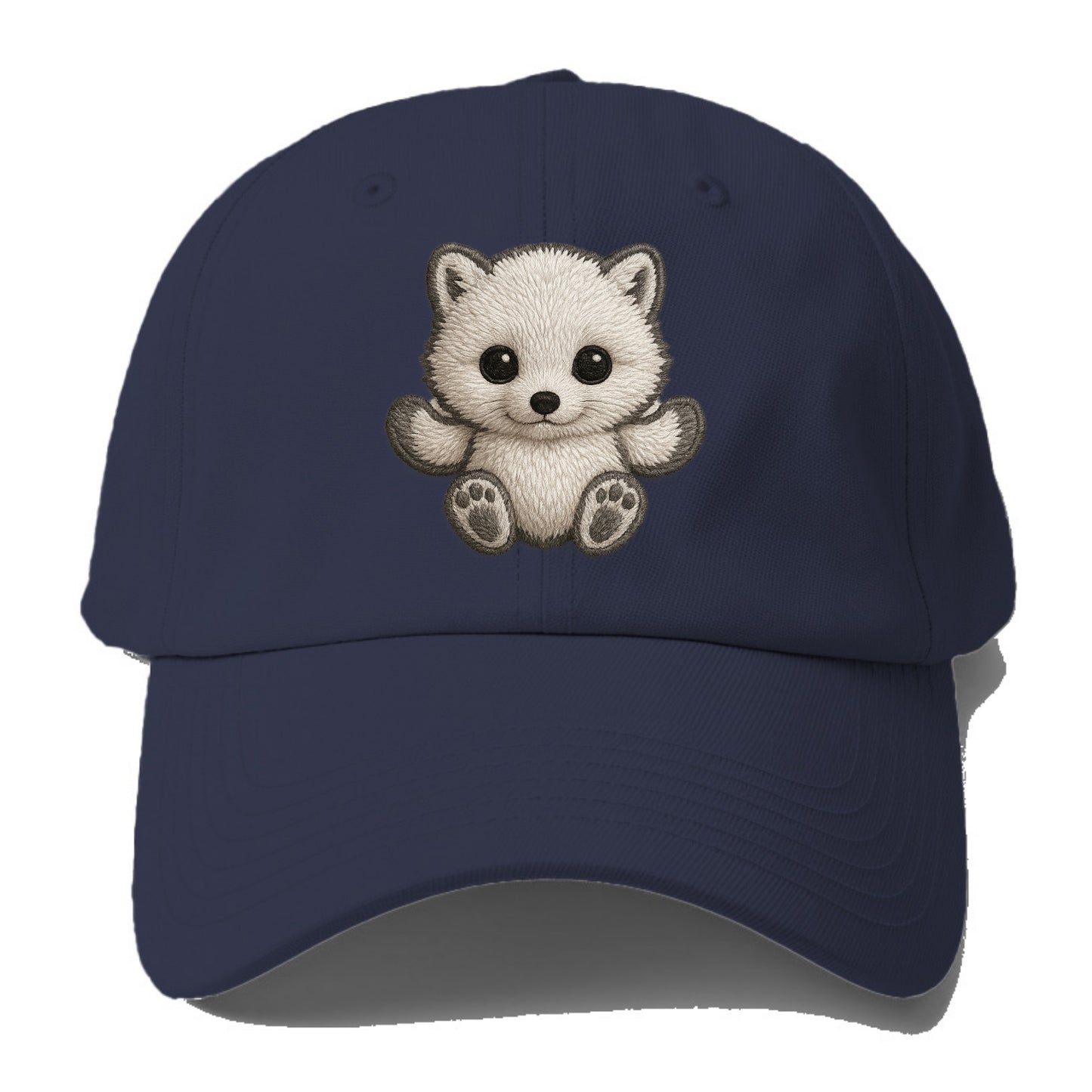 Baby Arctic Fox - white fluffy, tiny black nose, bright curious eyes, front-facing, - Baseball Cap - Twilight Navy(Blue)