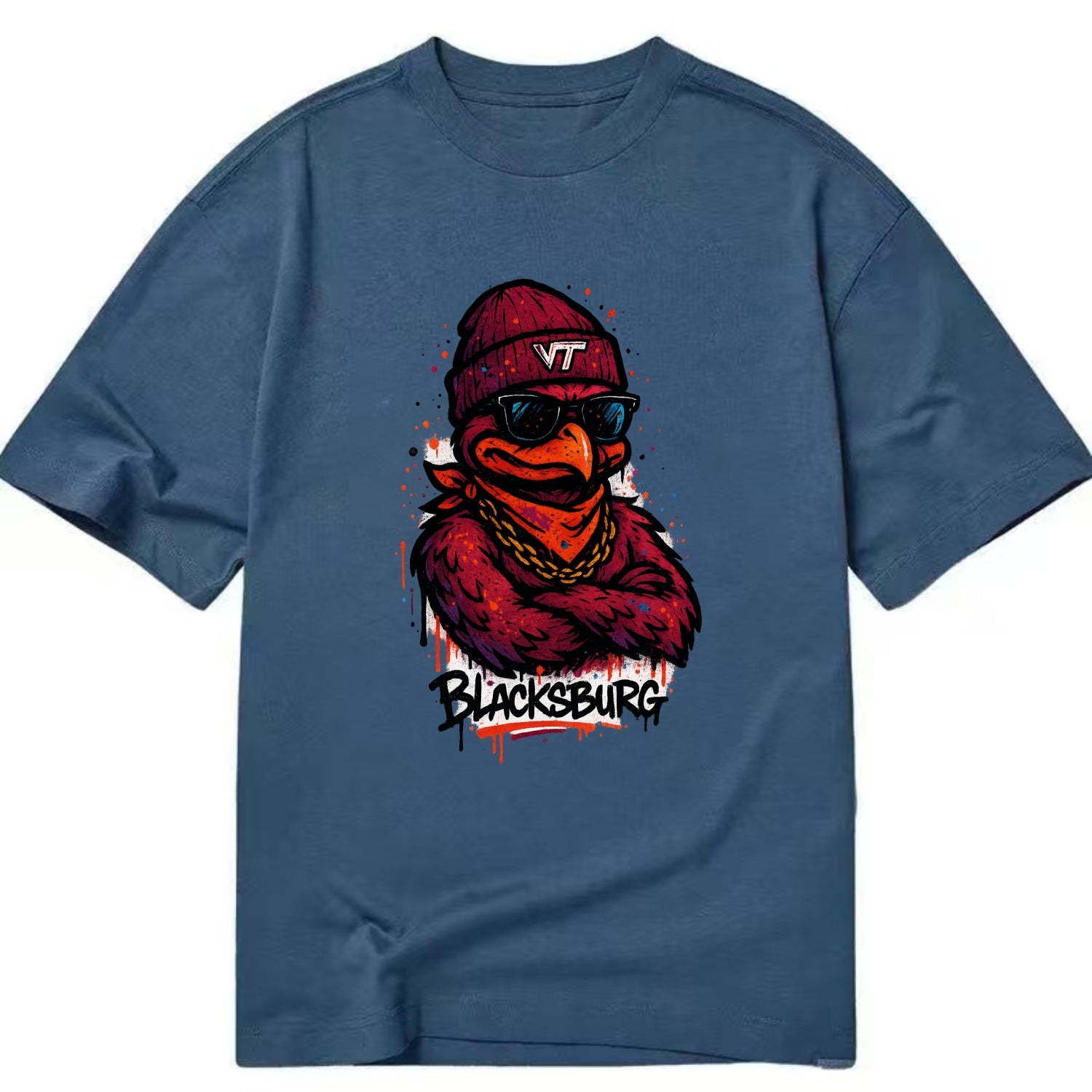 Blacksburg HokieBird wearing Virginia Tech beanie with VT patch - Classic T-shirt - Twilight Navy(Blue)