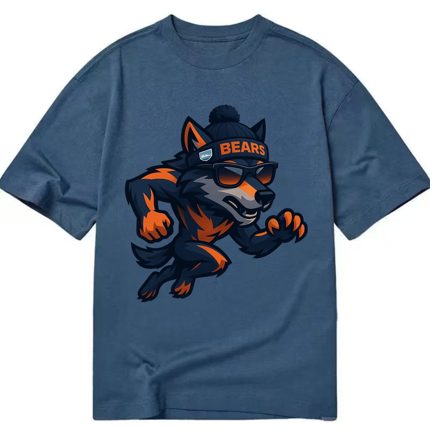 Chicago Wolf wearing Bears beanie with Lake Michigan patch and wayfarer sunglasses - Classic T-shirt - Twilight Navy(Blue)