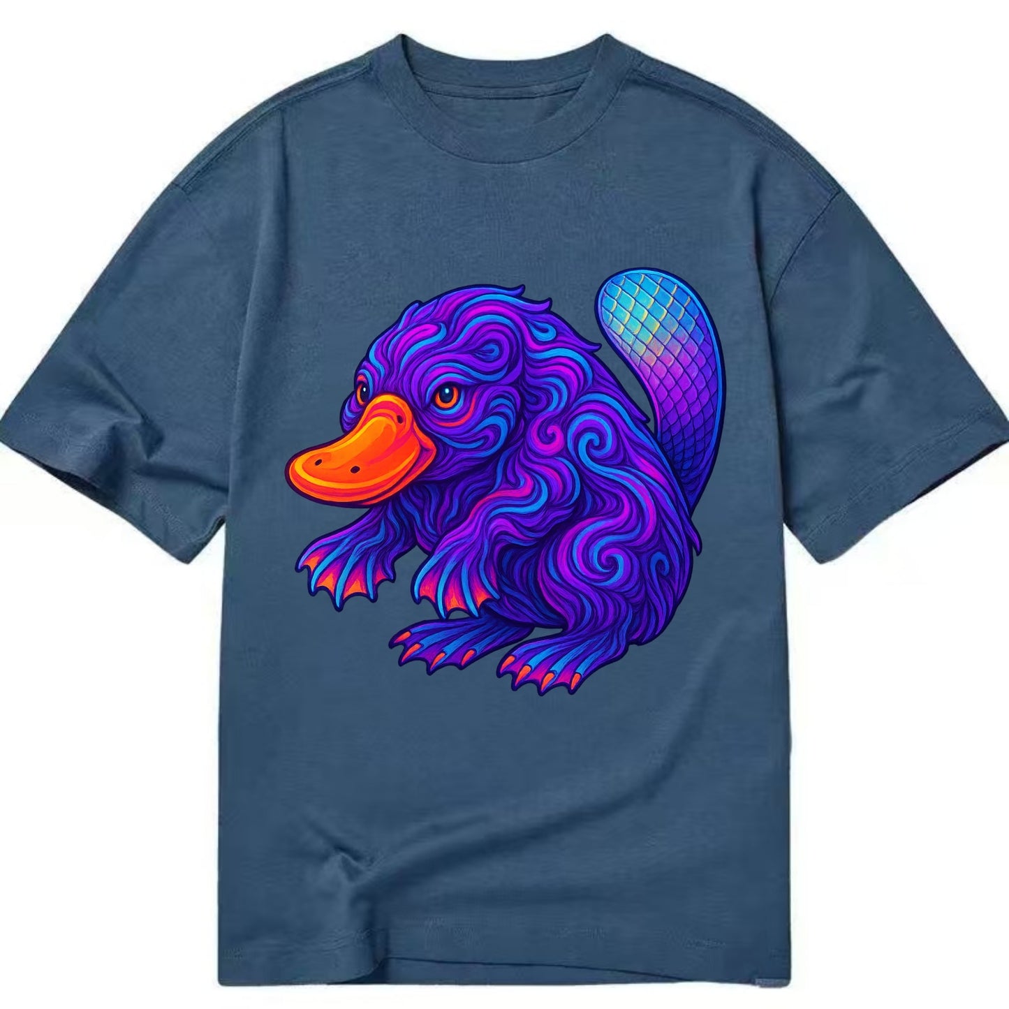 Quirky platypus with bill glowing in neon orange, beaver tail with holographic - Classic T-shirt - Twilight Navy(Blue)