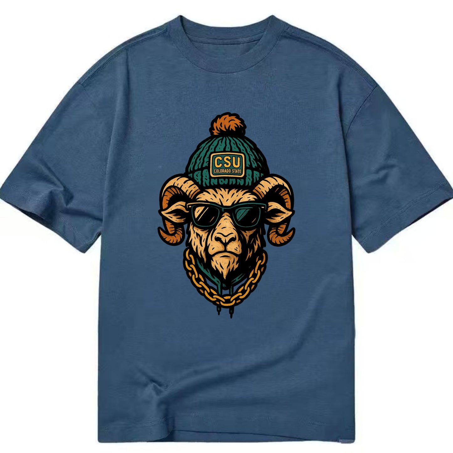 Fort Collins Ram wearing Colorado State beanie with CSU patch - Classic T-shirt - Twilight Navy(Blue)