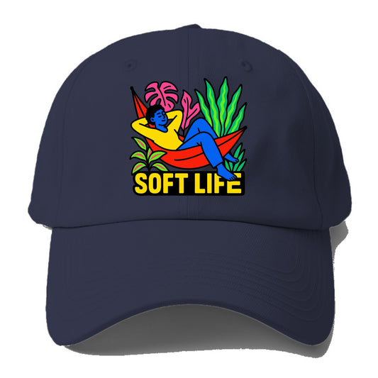 Person relaxing in hammock with plants - "soft life" aesthetic, peaceful living goals - Baseball Cap - Twilight Navy(Blue)