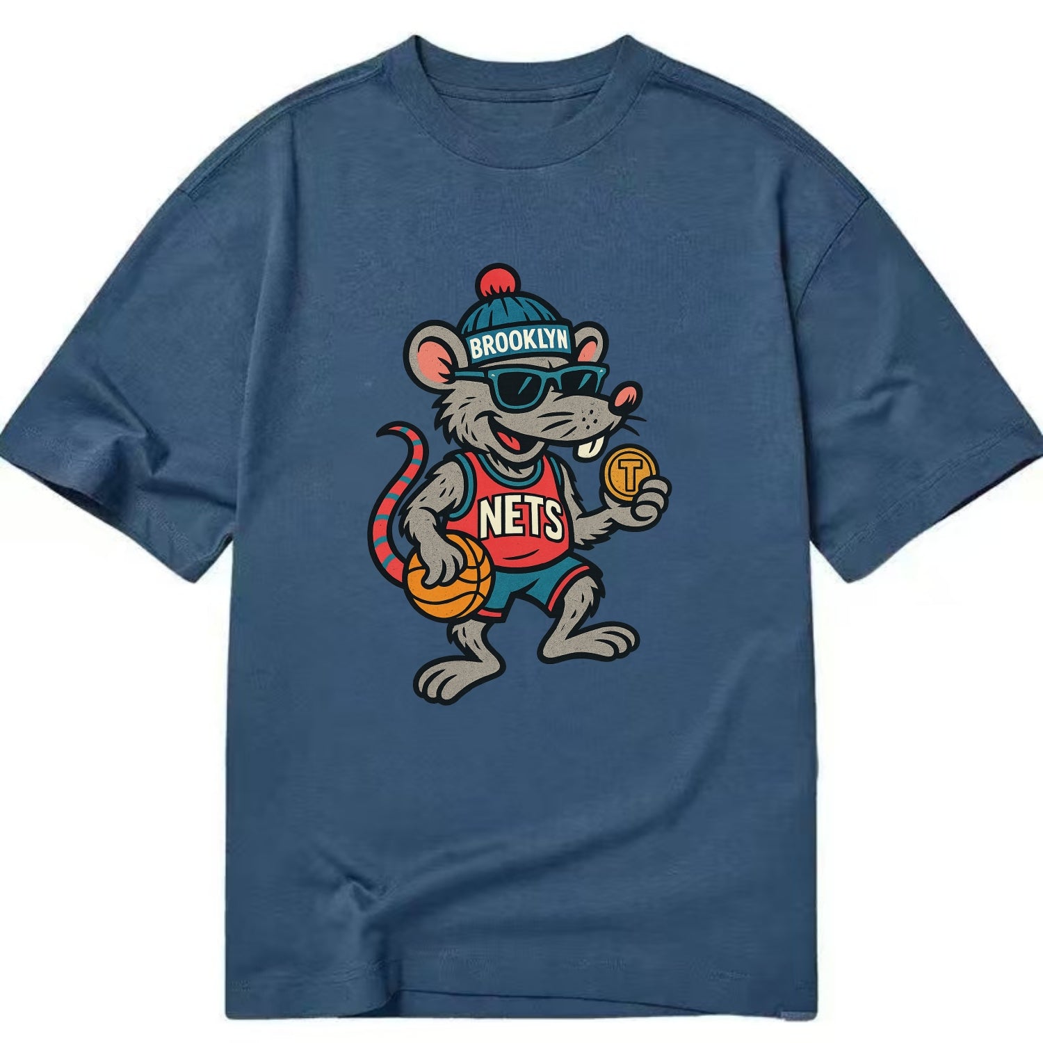 Brooklyn Rat wearing Nets beanie with subway token and wayfarer sunglasses - Classic T-shirt - Twilight Navy(Blue)