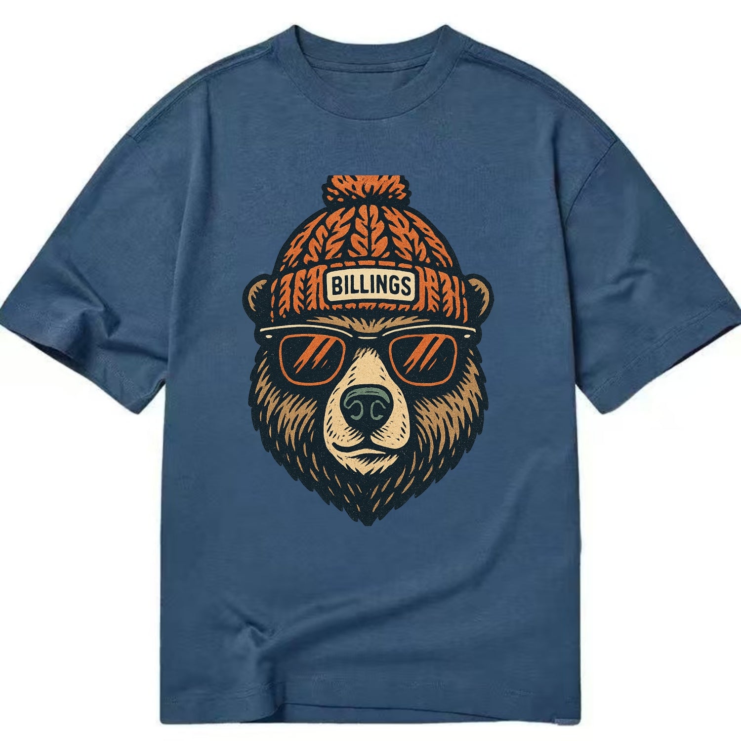 Montana Grizzly Bear wearing Billings beanie with pom pom and wayfarer sunglasses - Classic T-shirt - Twilight Navy(Blue)