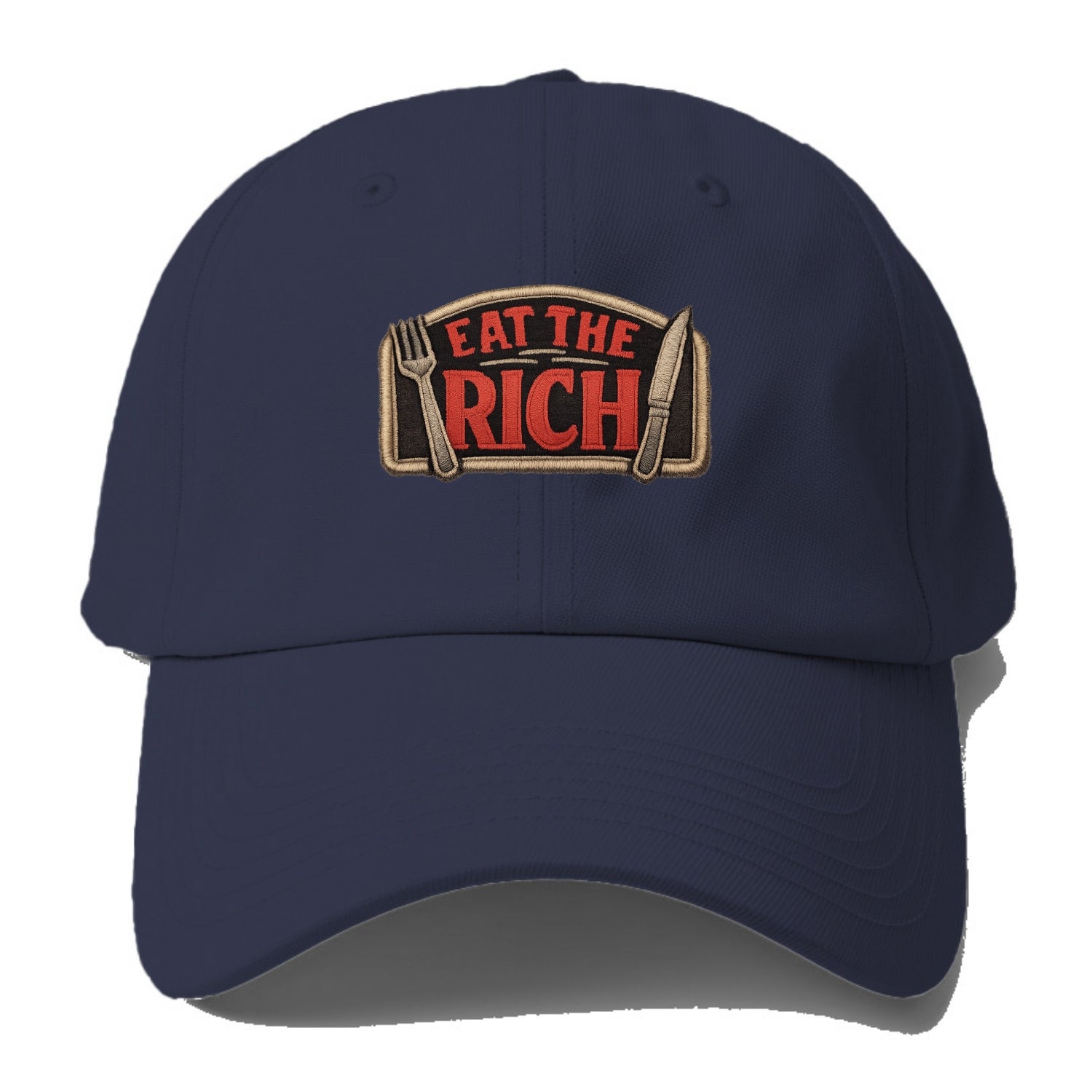 EAT THE RICH - fork and knife with text in red and silver , class war - Baseball Cap - Twilight Navy(Blue)