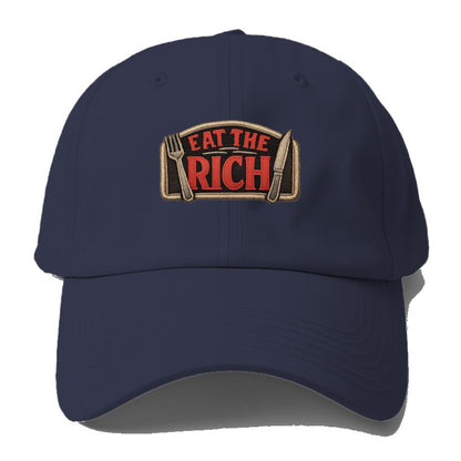 EAT THE RICH - fork and knife with text in red and silver , class war - Baseball Cap - Twilight Navy(Blue)