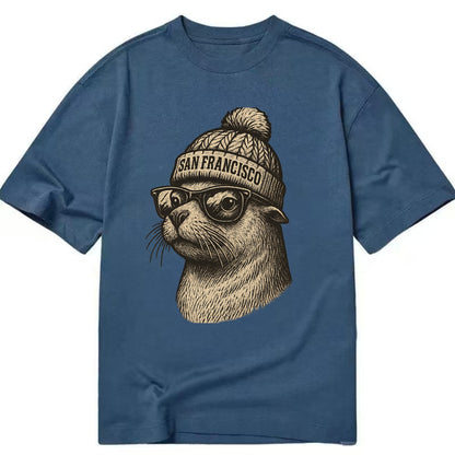 San Francisco Sea Lion wearing San Francisco beanie with pom pom and wayfarer - Classic T-shirt - Twilight Navy(Blue)
