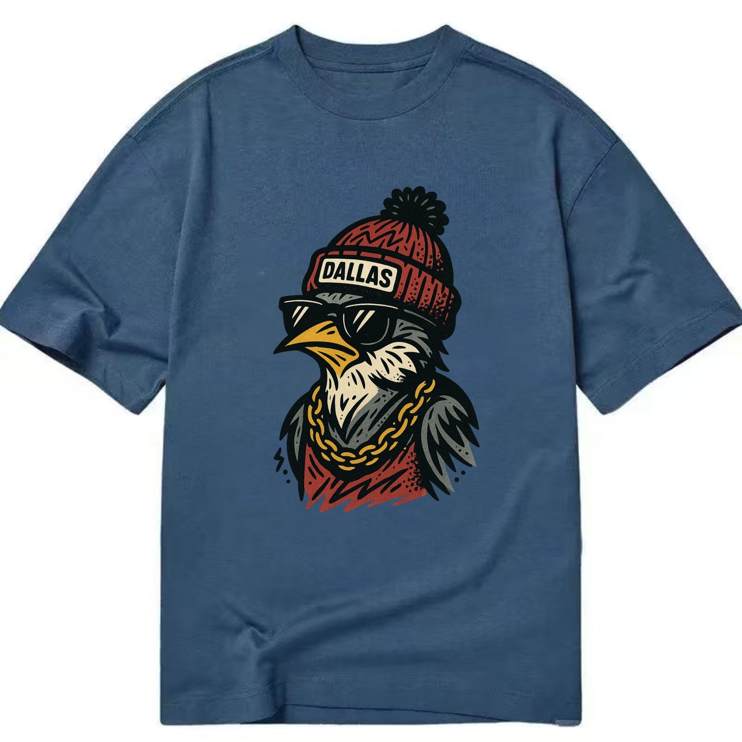 Dallas Mockingbird wearing Dallas beanie with pom pom and wayfarer sunglasses - Classic T-shirt - Twilight Navy(Blue)