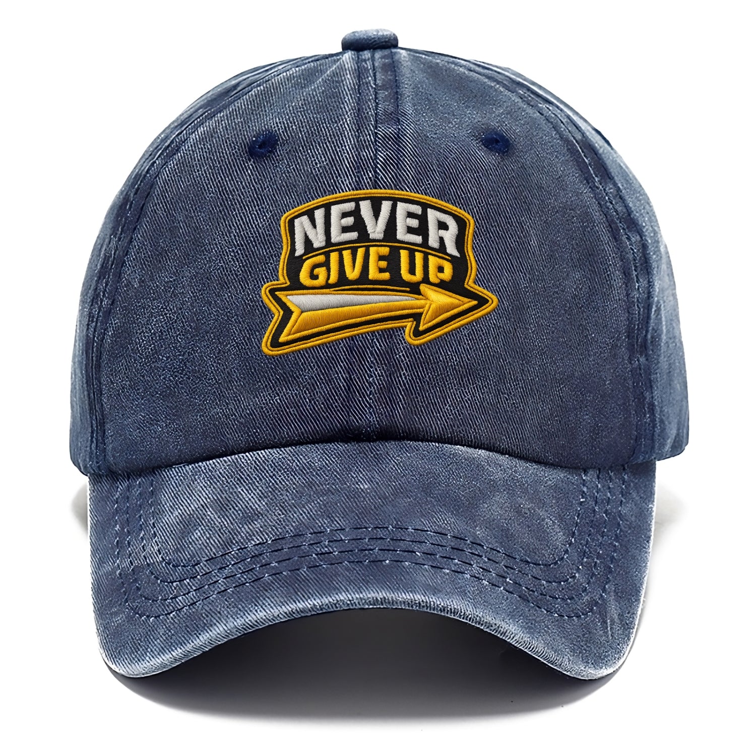 NEVER GIVE UP - bold text with arrow in gold , determination - Classic Cap - Twilight Navy(Blue)