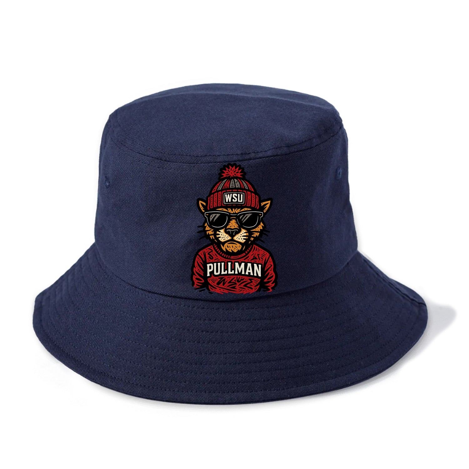 Pullman Cougar wearing Washington State beanie with WSU patch - Bucket Hat - Twilight Navy(Blue)