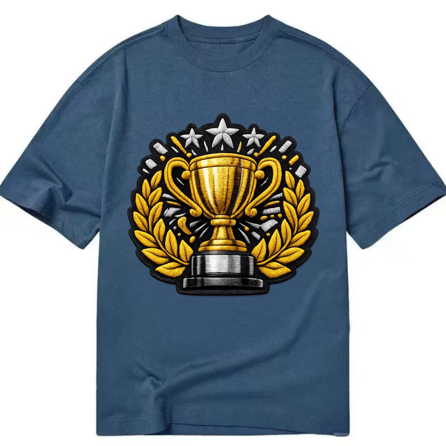Embroidered patch design - CHAMPIONSHIP TROPHY - golden trophy cup with laurels - Classic T-shirt - Twilight Navy(Blue)