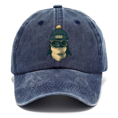 Washington Orca wearing Seattle beanie with pom pom and wayfarer sunglasses - Classic Cap - Twilight Navy(Blue)