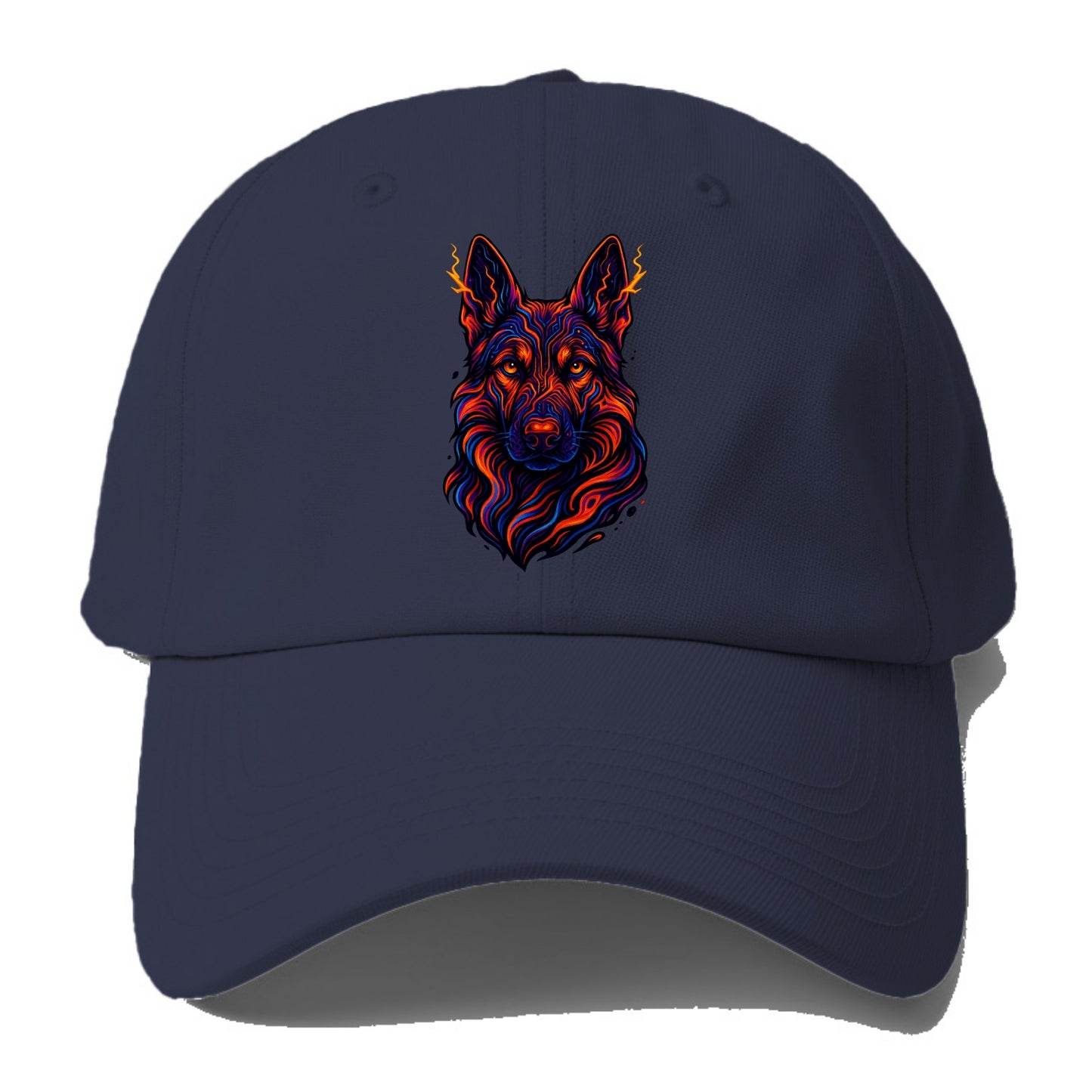 Alert German Shepherd with cyber circuit patterns in the fur, neon orange and black - Baseball Cap - Twilight Navy(Blue)