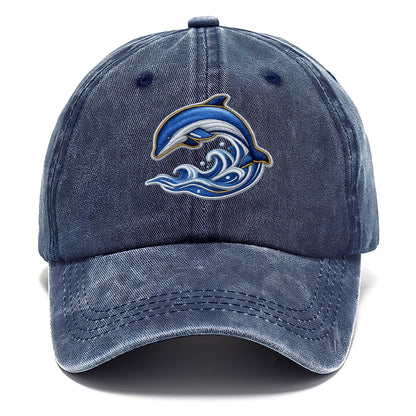 Embroidered patch design - SWIMMING DOLPHIN - diving dolphin with waves in blue and - Classic Cap - Twilight Navy(Blue)