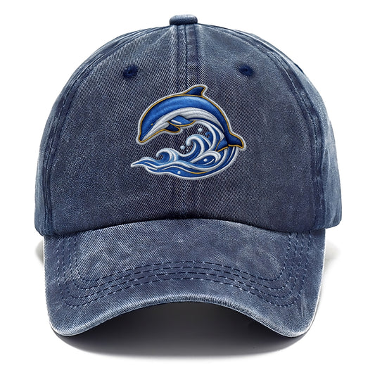 Embroidered patch design - SWIMMING DOLPHIN - diving dolphin with waves in blue and - Classic Cap - Twilight Navy(Blue)
