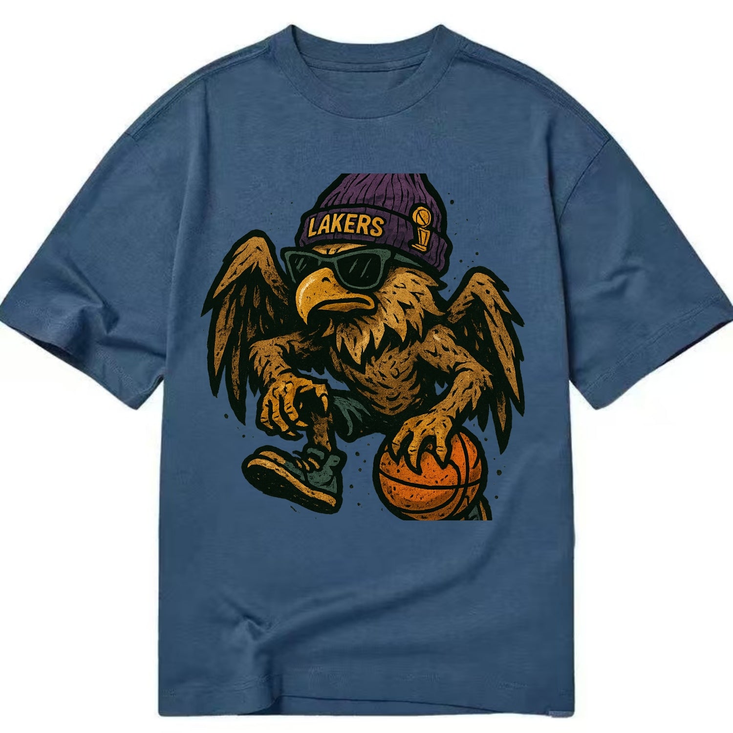 Los Angeles Golden Eagle wearing Lakers beanie with trophy patch and wayfarer - Classic T-shirt - Twilight Navy(Blue)