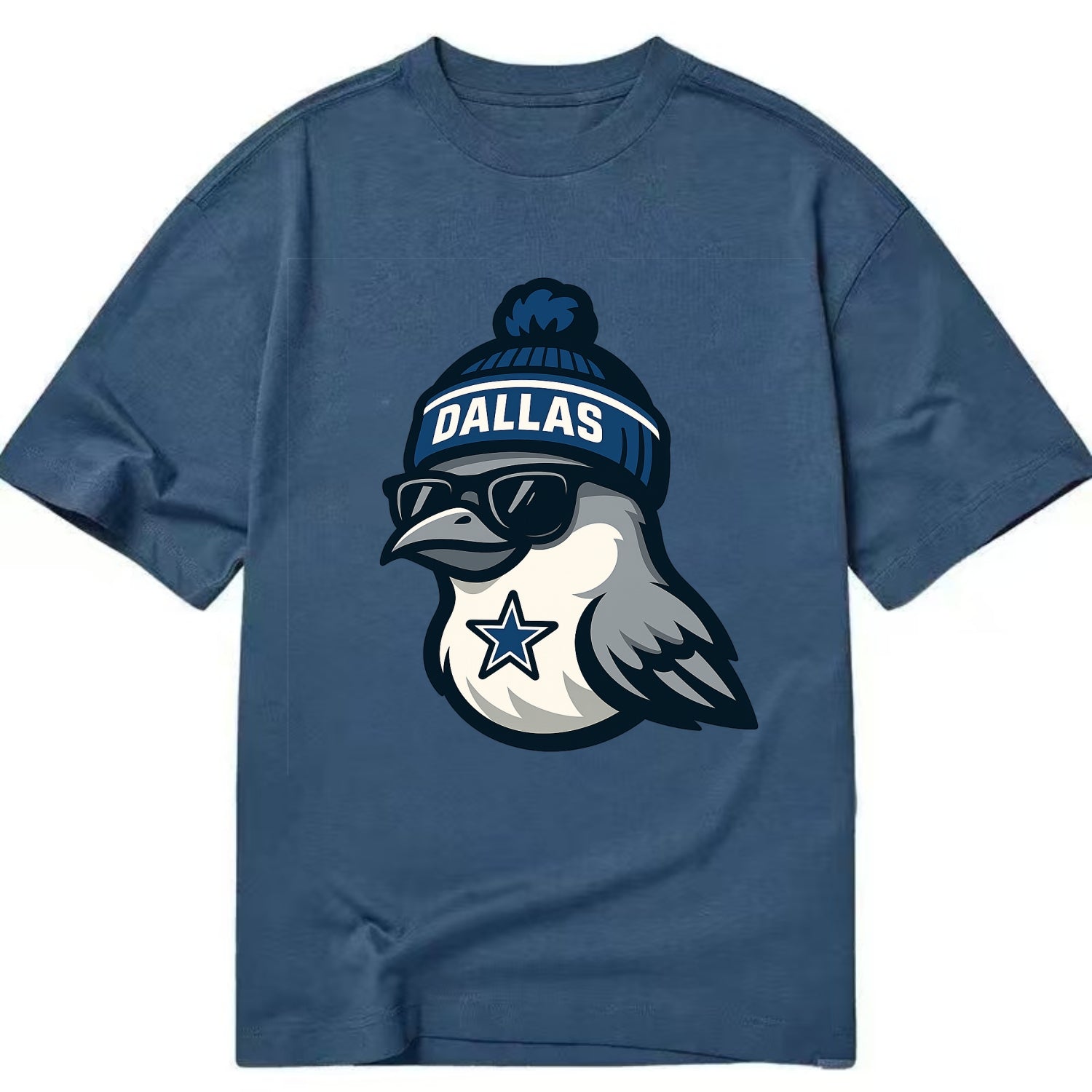 Dallas Mockingbird wearing Cowboys beanie with sheriff star and wayfarer - Classic T-shirt - Twilight Navy(Blue)