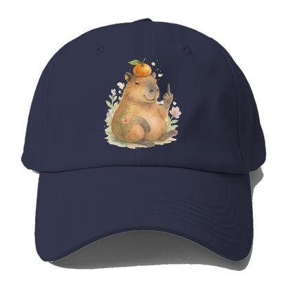 chonky capybara relaxing with orange on head, one webbed middle finger - Baseball Cap For Big Heads - Twilight Navy(Blue)