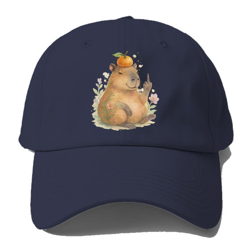 chonky capybara relaxing with orange on head, one webbed middle finger - Baseball Cap For Big Heads