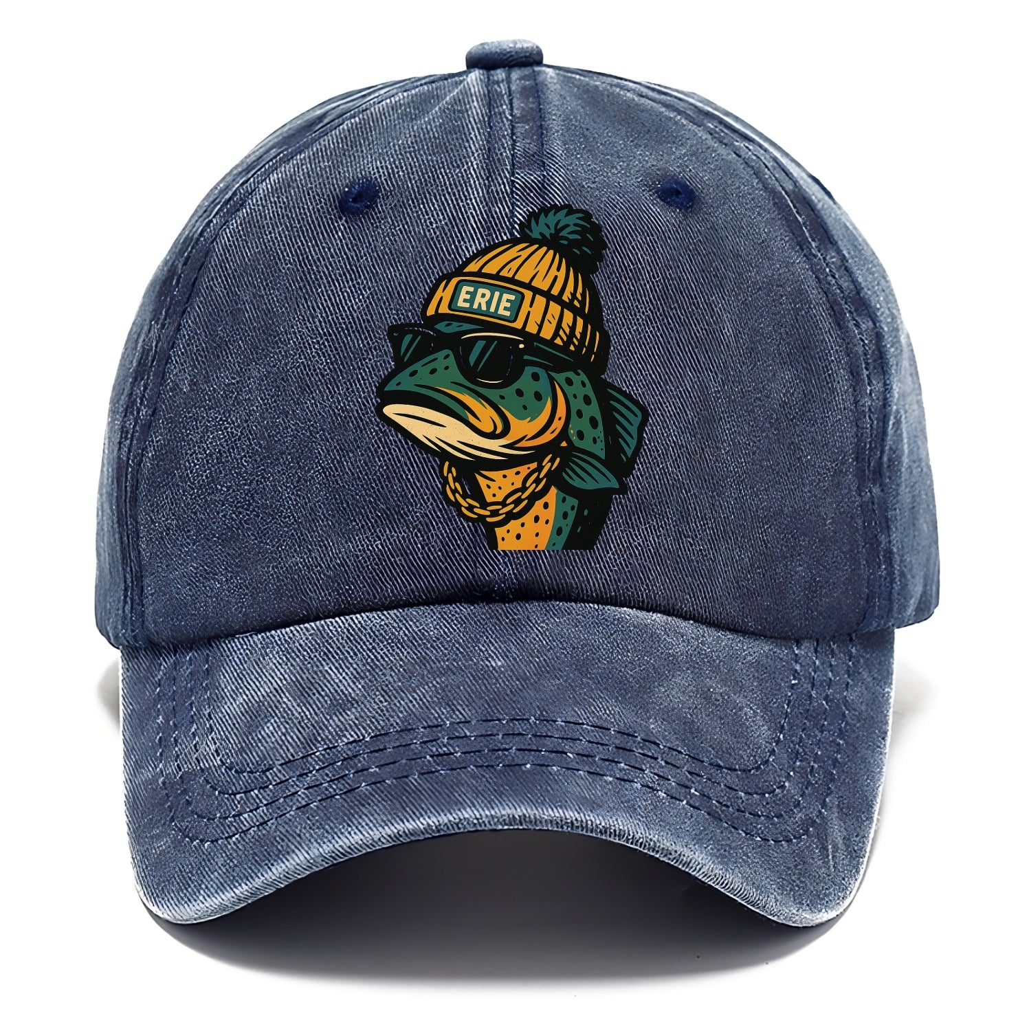 Erie Lake Trout wearing Erie beanie with pom pom and wayfarer sunglasses - Classic Cap - Twilight Navy(Blue)