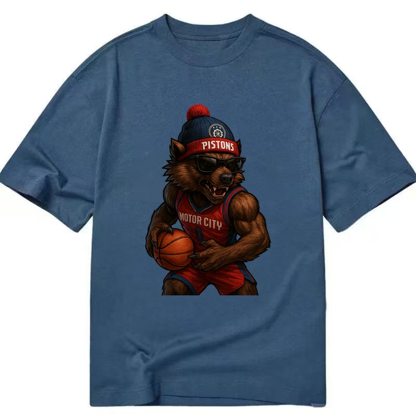Motor City Wolverine wearing Pistons beanie with gear patch and wayfarer - Classic T-shirt - Twilight Navy(Blue)