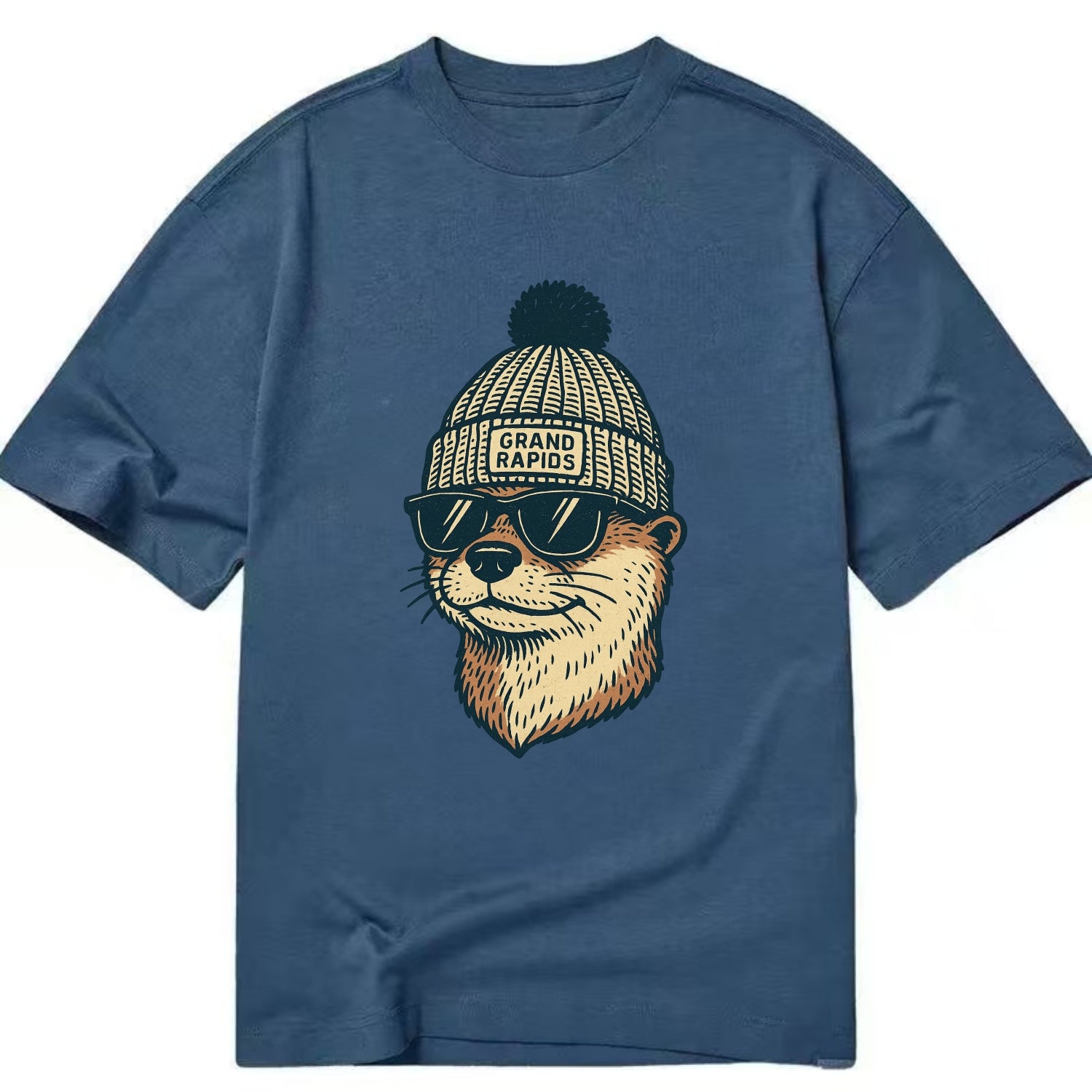 Grand Rapids River Otter wearing Grand Rapids beanie with pom pom and wayfarer - Classic T-shirt - Twilight Navy(Blue)