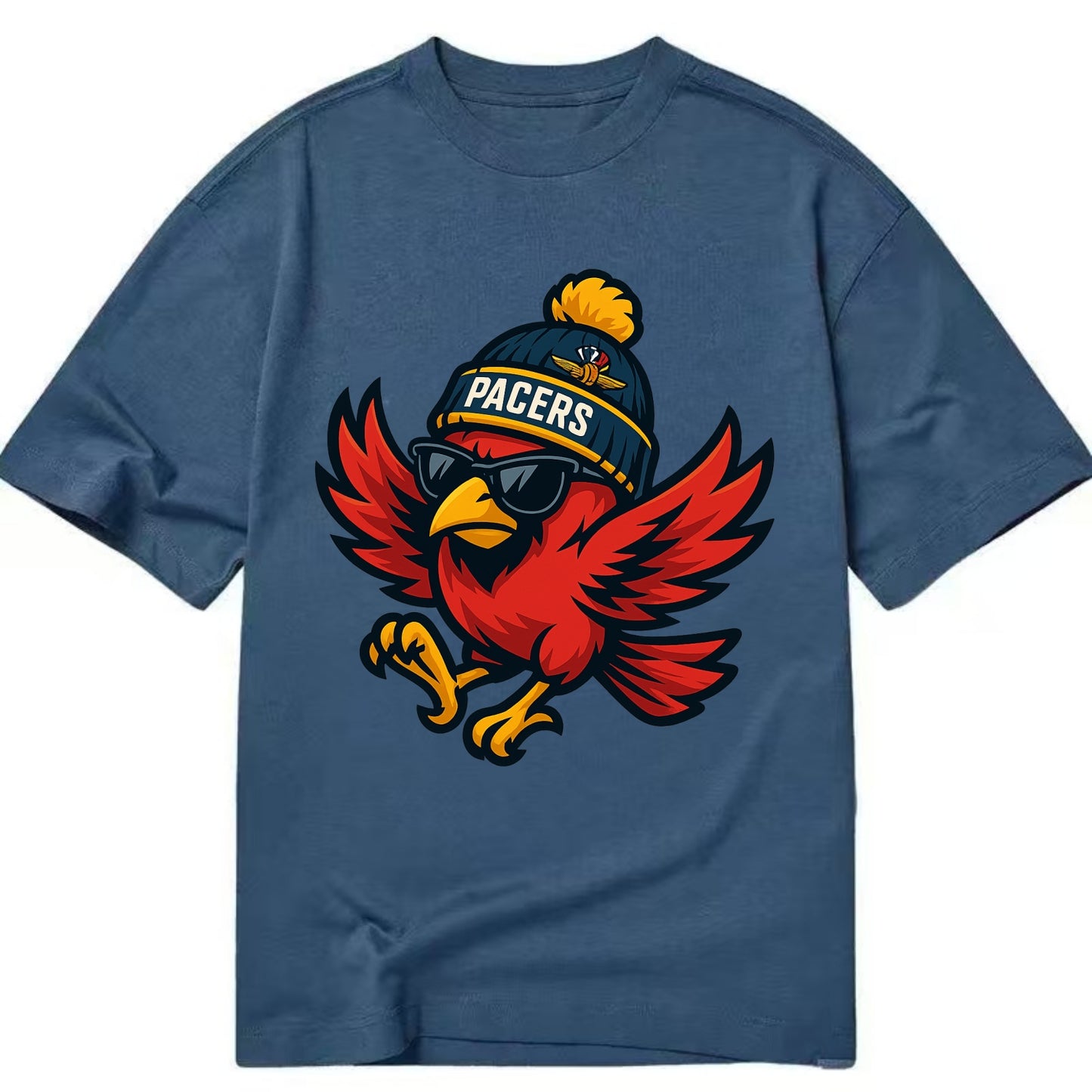 Indiana Cardinal wearing Pacers beanie with speedway patch and wayfarer sunglasses - Classic T-shirt - Twilight Navy(Blue)