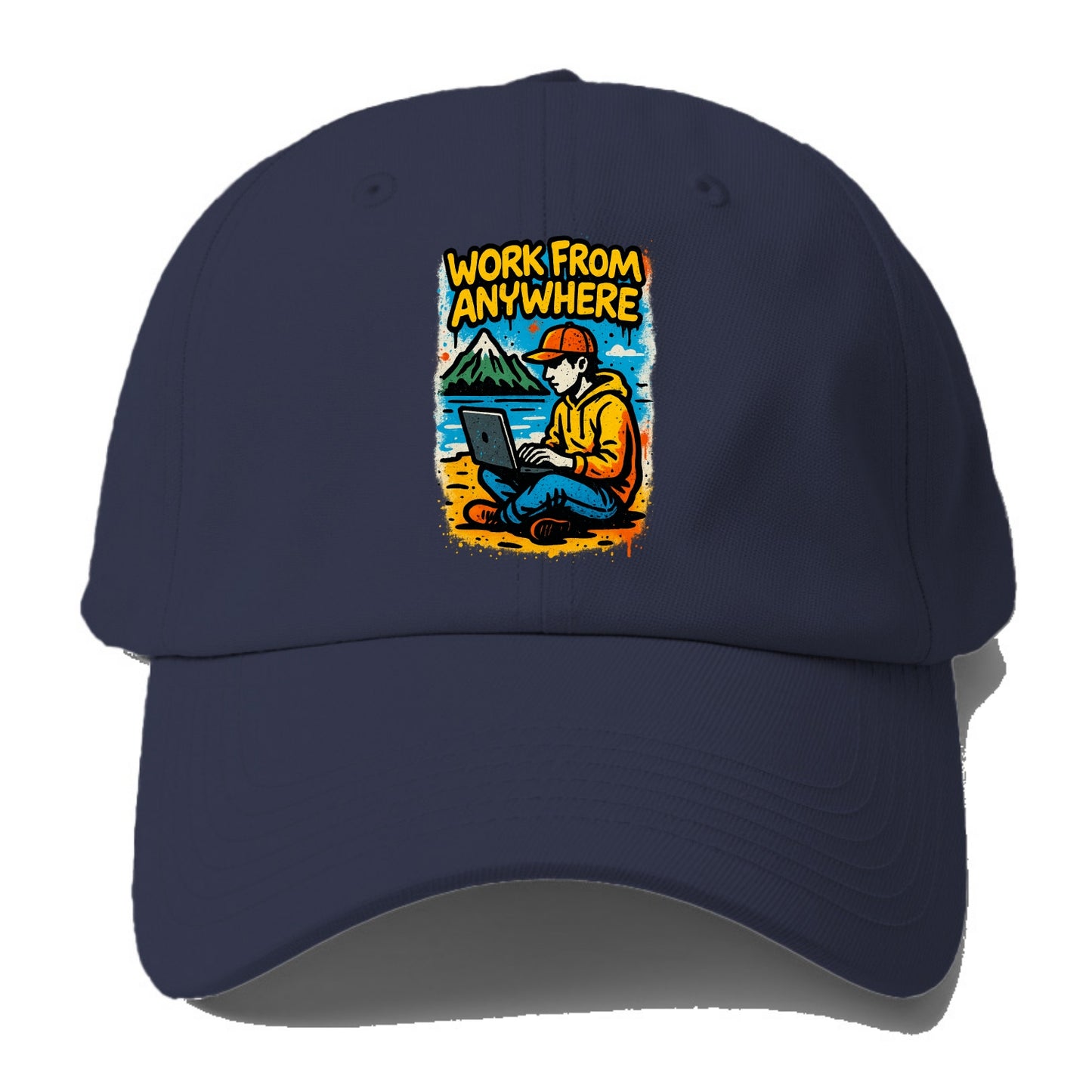 Digital nomad with laptop on beach/mountain - work from anywhere - Baseball Cap For Big Heads - Twilight Navy(Blue)