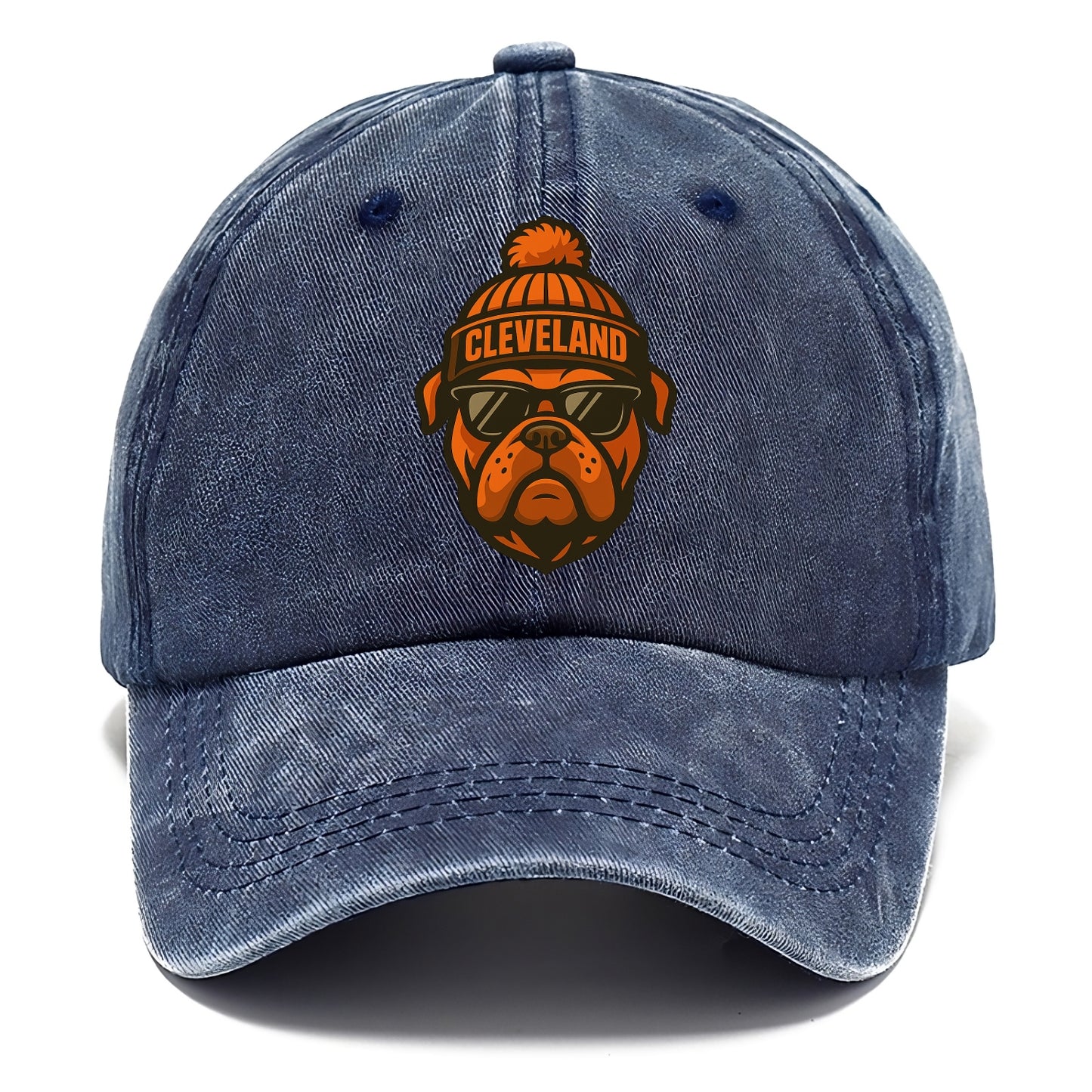 Cleveland Bulldog wearing Browns orange and brown beanie with pom pom and wayfarer - Classic Cap - Twilight Navy(Blue)