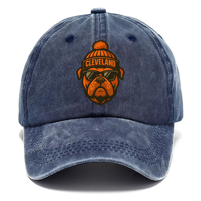 Cleveland Bulldog wearing Browns orange and brown beanie with pom pom and wayfarer - Classic Cap - Twilight Navy(Blue)