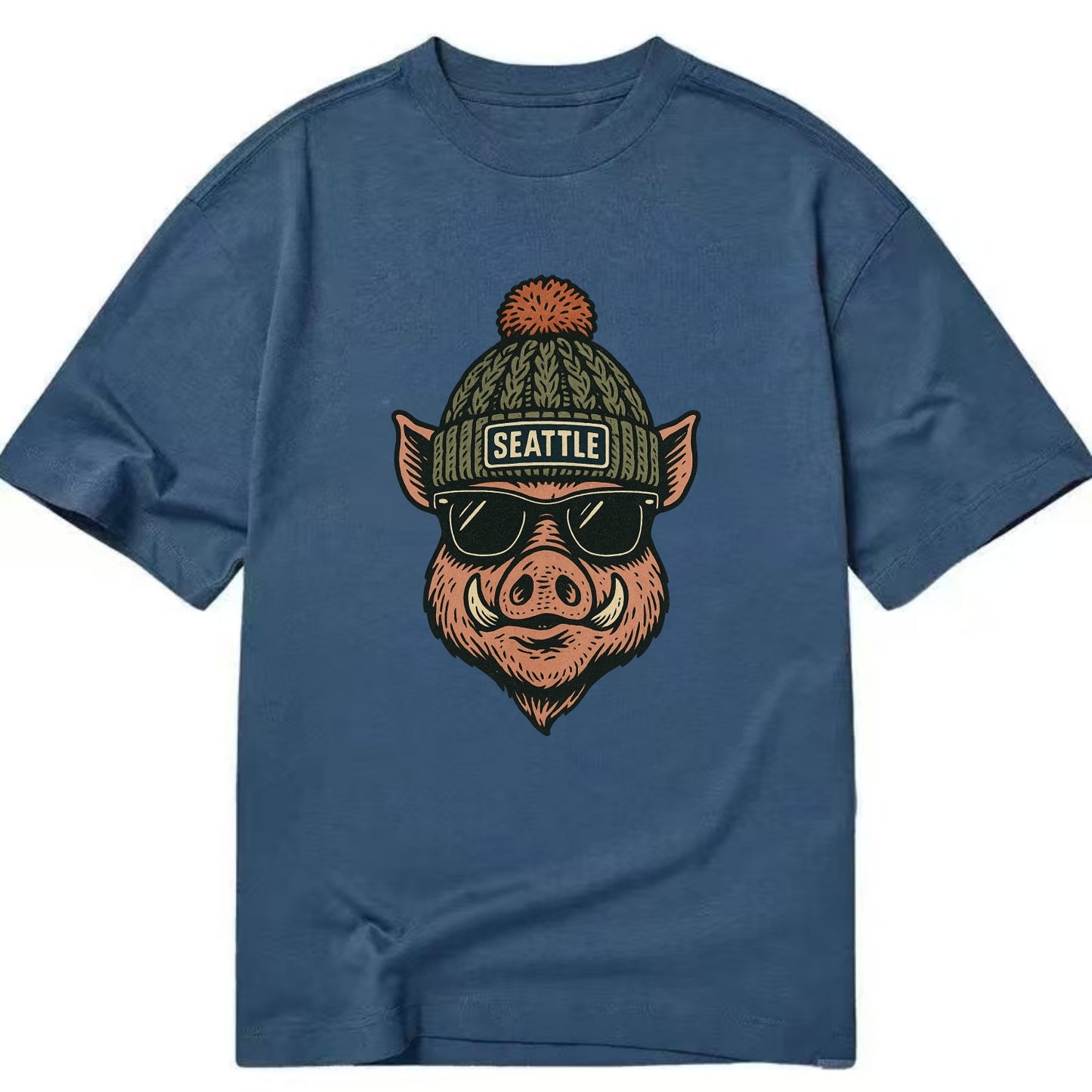 Washington Hog wearing Seattle beanie with pom pom and wayfarer sunglasses - Classic T-shirt - Twilight Navy(Blue)