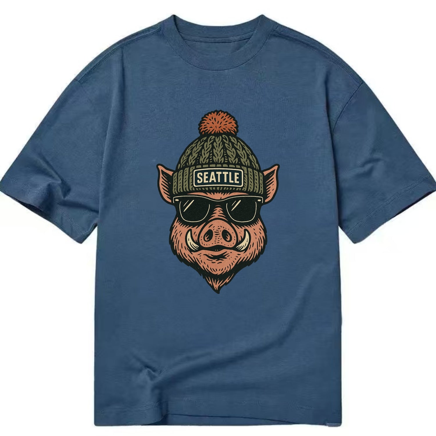 Washington Hog wearing Seattle beanie with pom pom and wayfarer sunglasses - Classic T-shirt - Twilight Navy(Blue)