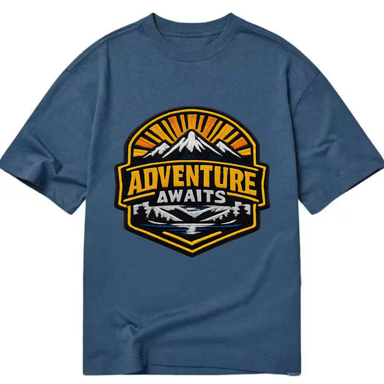 ADVENTURE AWAITS - mountain sunrise with text in gold and blue , wanderlust - Classic T-shirt - Twilight Navy(Blue)