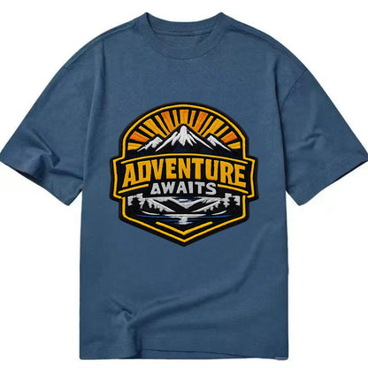 ADVENTURE AWAITS - mountain sunrise with text in gold and blue , wanderlust - Classic T-shirt - Twilight Navy(Blue)