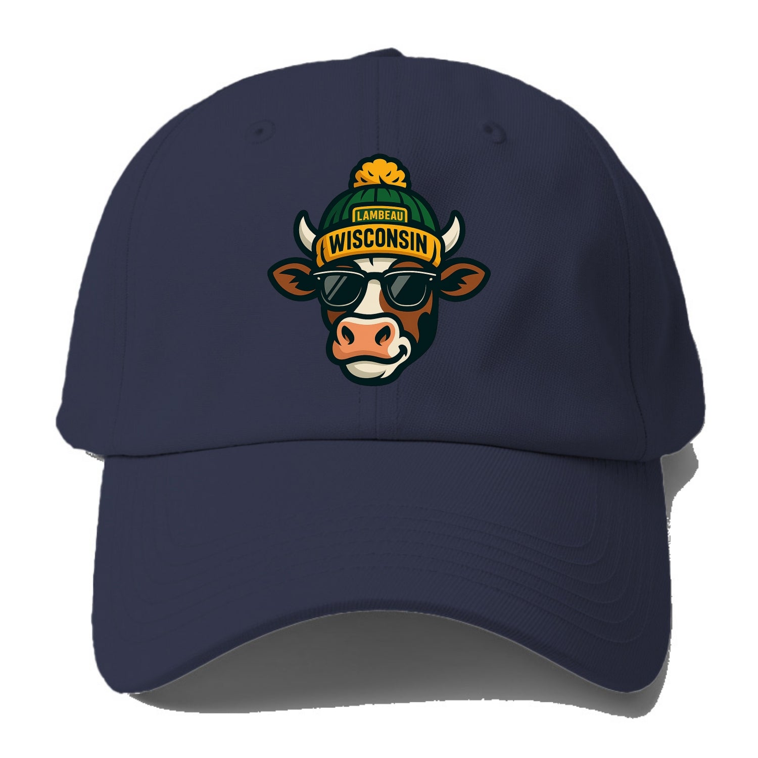 Wisconsin Cow wearing Packers beanie with Lambeau patch and wayfarer sunglasses - Baseball Cap - Twilight Navy(Blue)