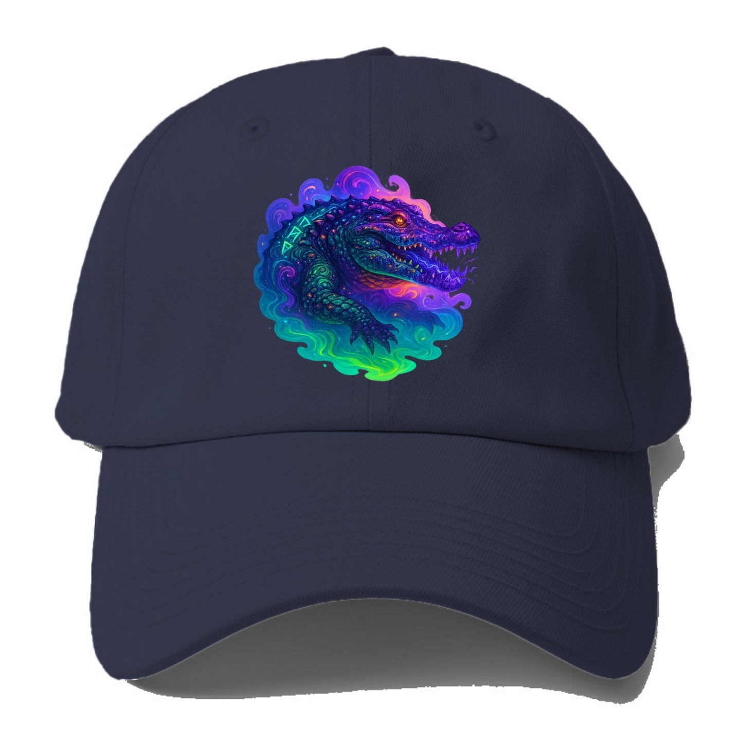 Primordial crocodile with scales pulsing plasma energy in green and purple, ancient - Baseball Cap - Twilight Navy(Blue)