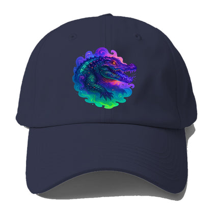 Primordial crocodile with scales pulsing plasma energy in green and purple, ancient - Baseball Cap - Twilight Navy(Blue)
