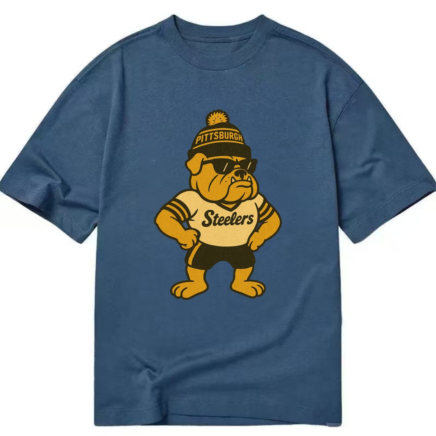 Pittsburgh Bulldog wearing Steelers black and gold beanie with pom pom and - Classic T-shirt - Twilight Navy(Blue)