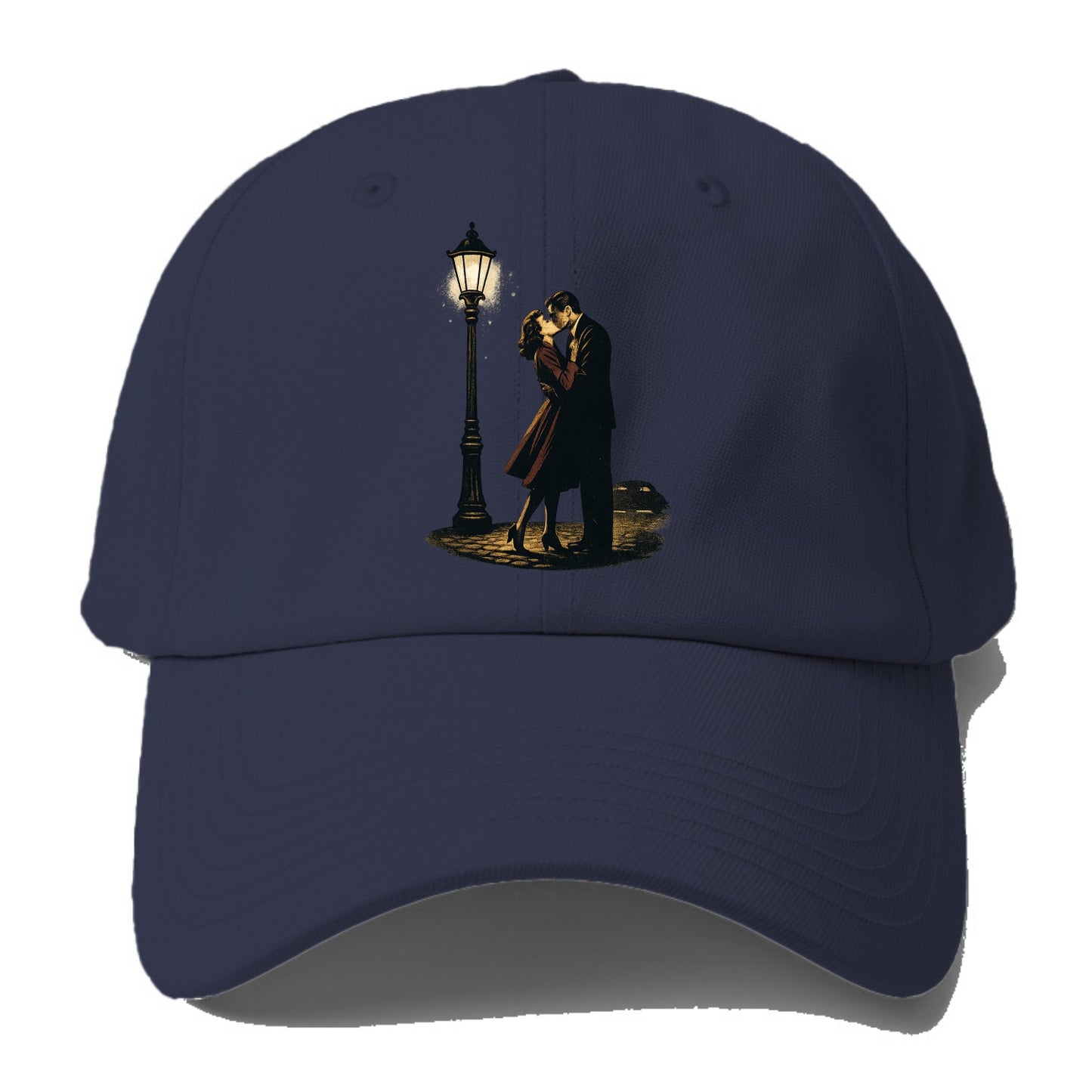 first kiss under vintage street lamp on cobblestone at night - Baseball Cap - Twilight Navy(Blue)