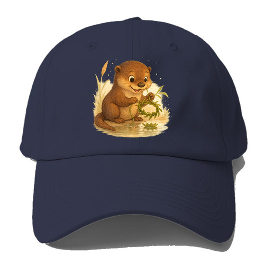 Otter weaving river reeds into a floating crown beside mirror-still - Baseball Cap For Big Heads - Twilight Navy(Blue)