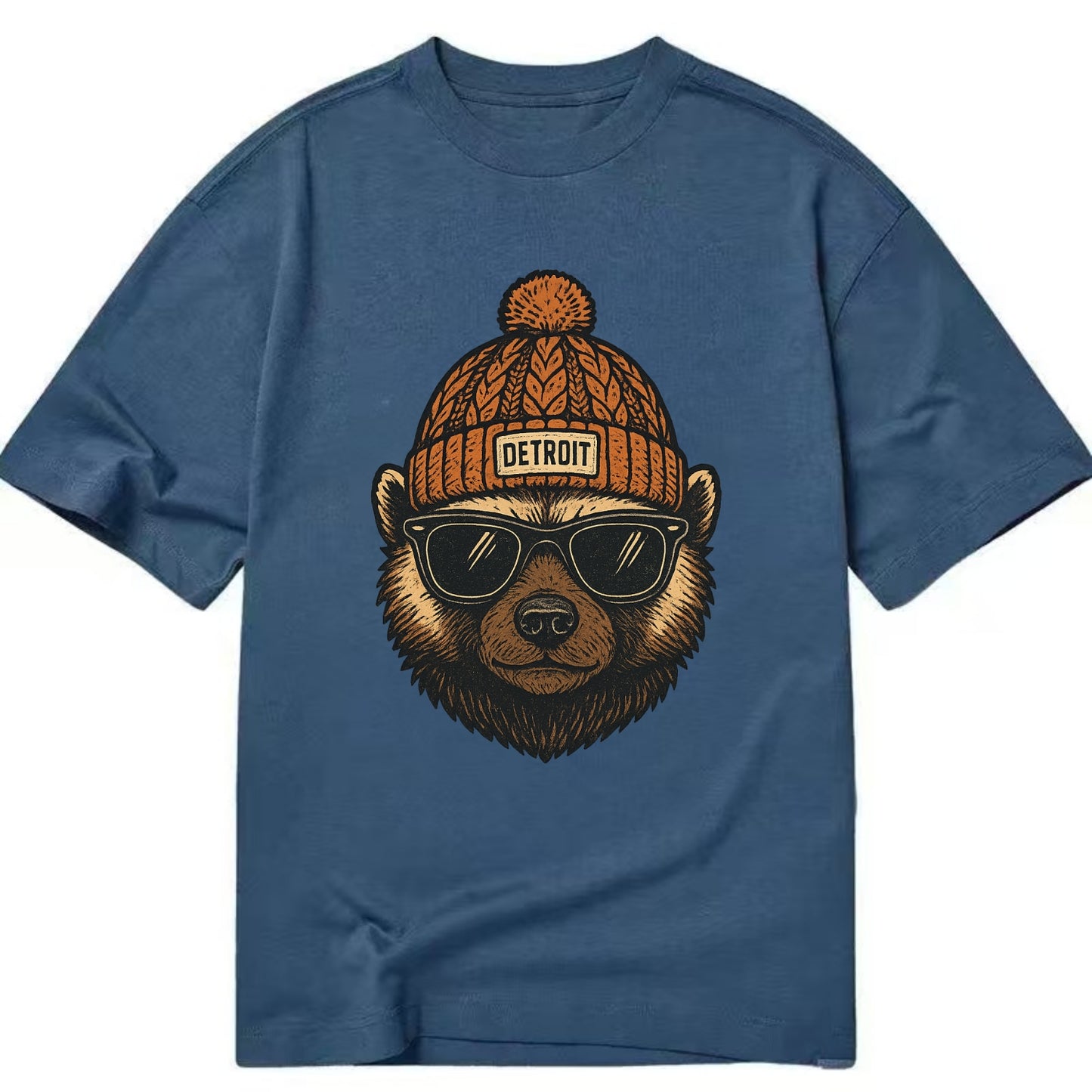 Detroit Wolverine wearing Detroit beanie with pom pom and wayfarer sunglasses - Classic T-shirt - Twilight Navy(Blue)