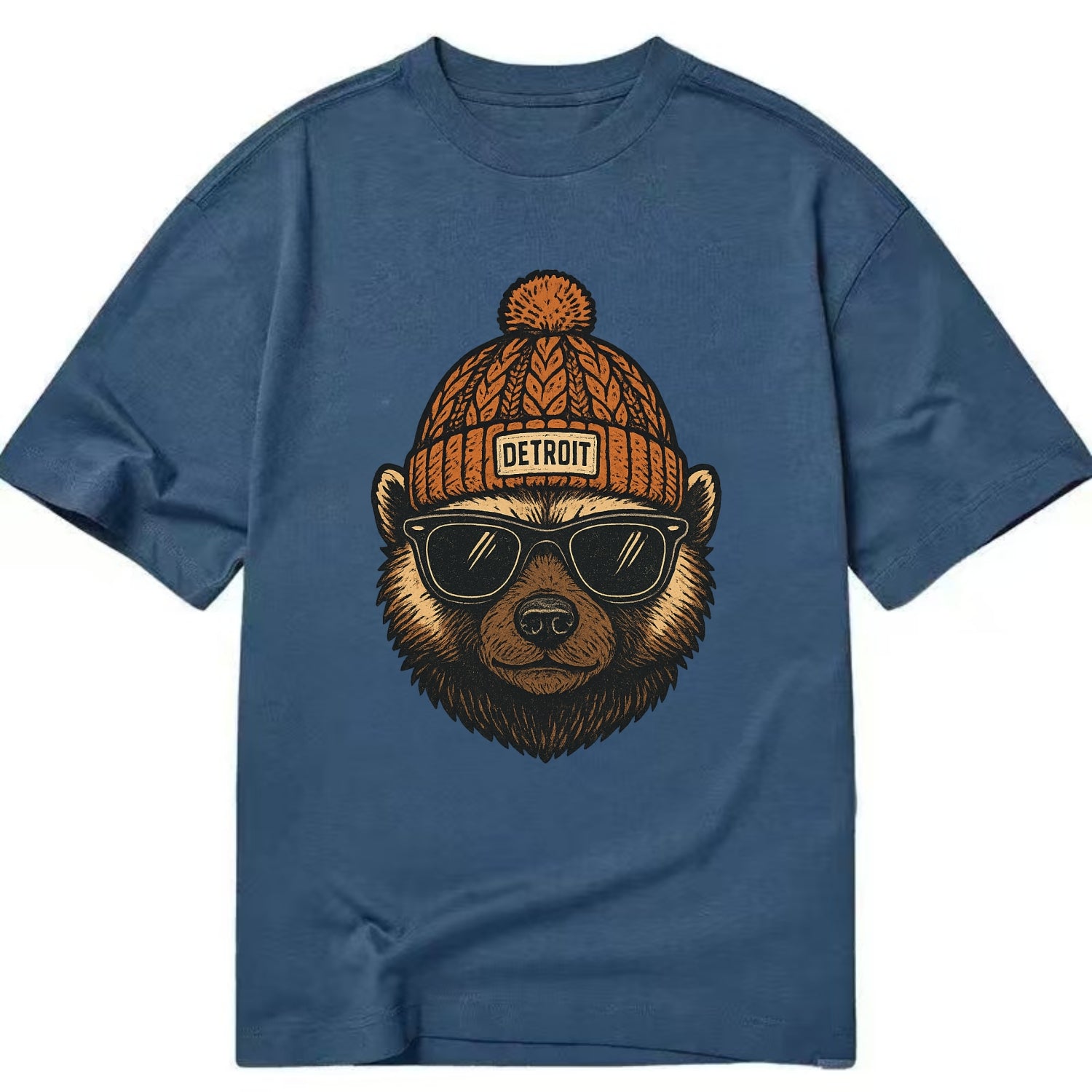 Detroit Wolverine wearing Detroit beanie with pom pom and wayfarer sunglasses - Classic T-shirt - Twilight Navy(Blue)