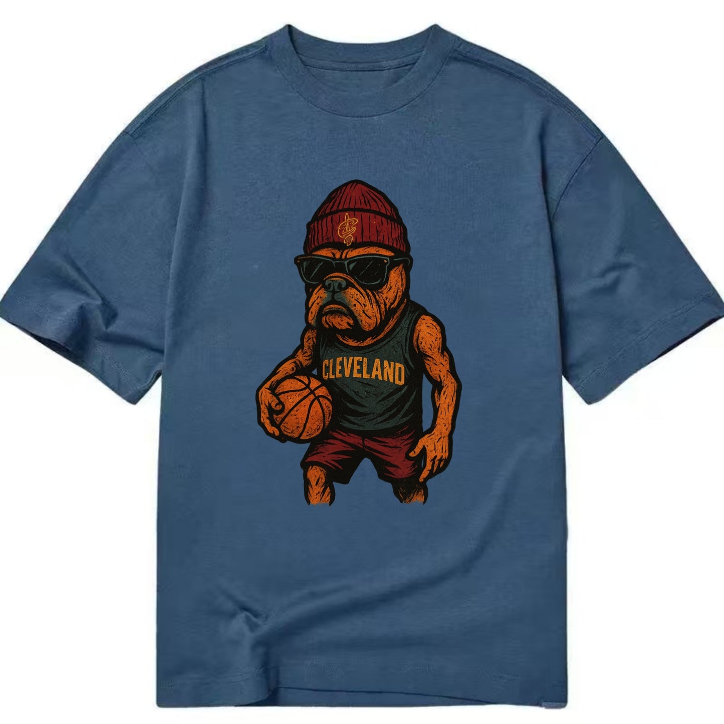 Cleveland Bulldog wearing Cavaliers wine and gold beanie with sword patch and - Classic T-shirt - Twilight Navy(Blue)
