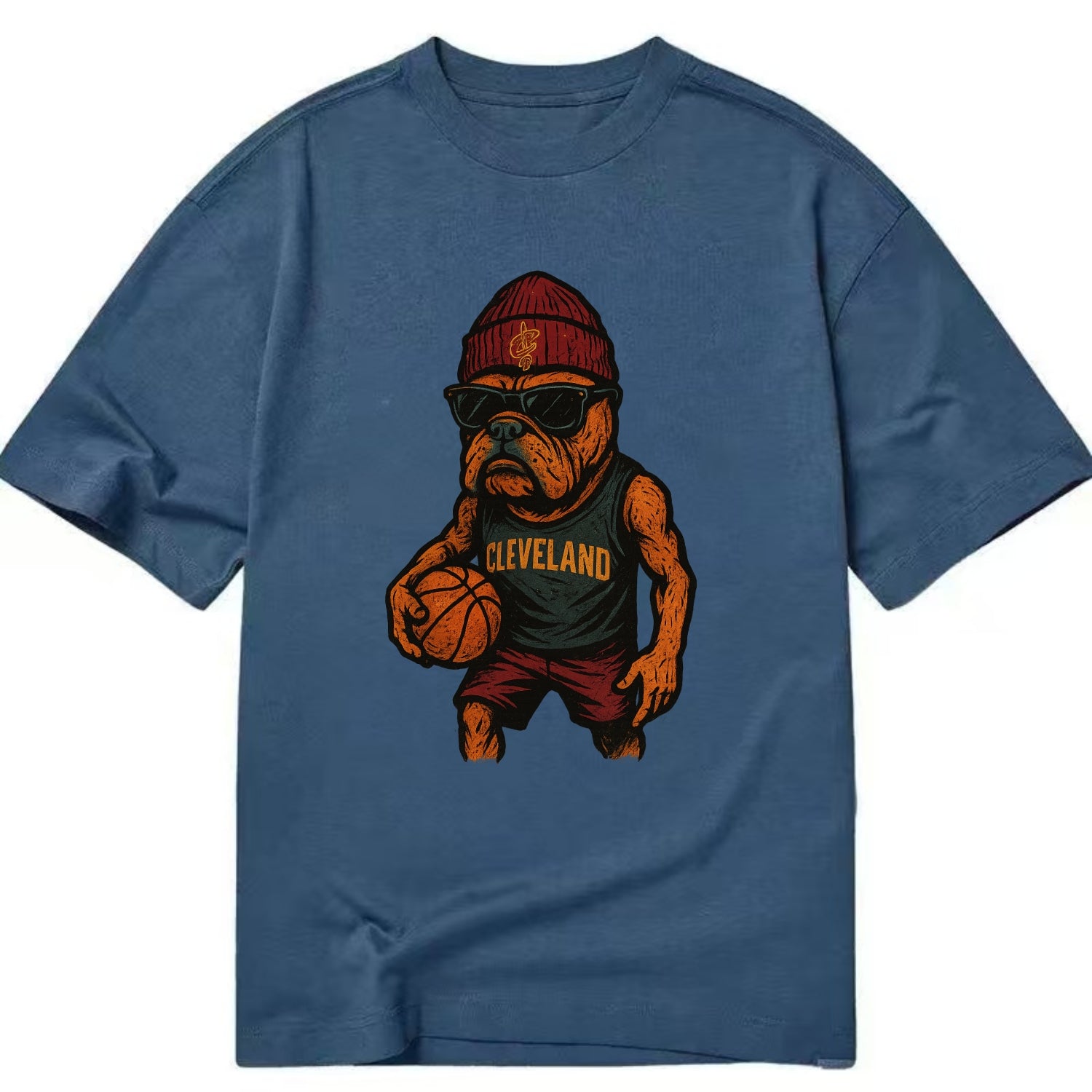 Cleveland Bulldog wearing Cavaliers wine and gold beanie with sword patch and - Classic T-shirt - Twilight Navy(Blue)