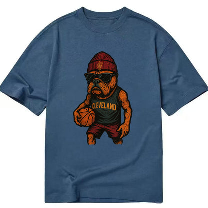 Cleveland Bulldog wearing Cavaliers wine and gold beanie with sword patch and - Classic T-shirt - Twilight Navy(Blue)