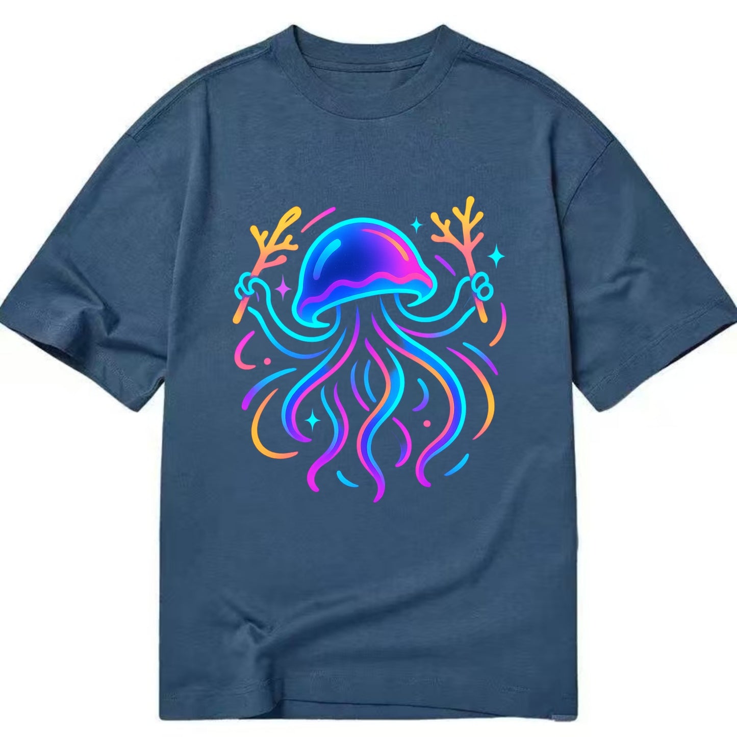 Jellyfish conducting a glow orchestra using coral batons in deep ocean concert - Classic T-shirt - Twilight Navy(Blue)