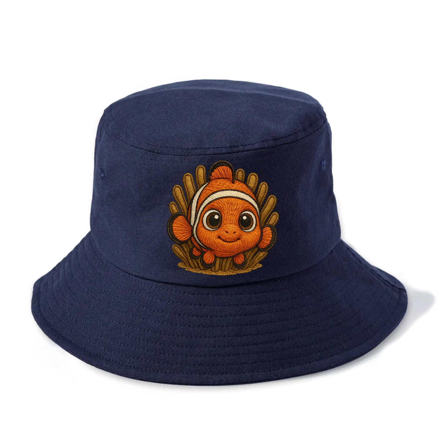 Baby Clownfish - orange with white stripes, big round eyes, front-facing in anemone, - Bucket Hat - Twilight Navy(Blue)