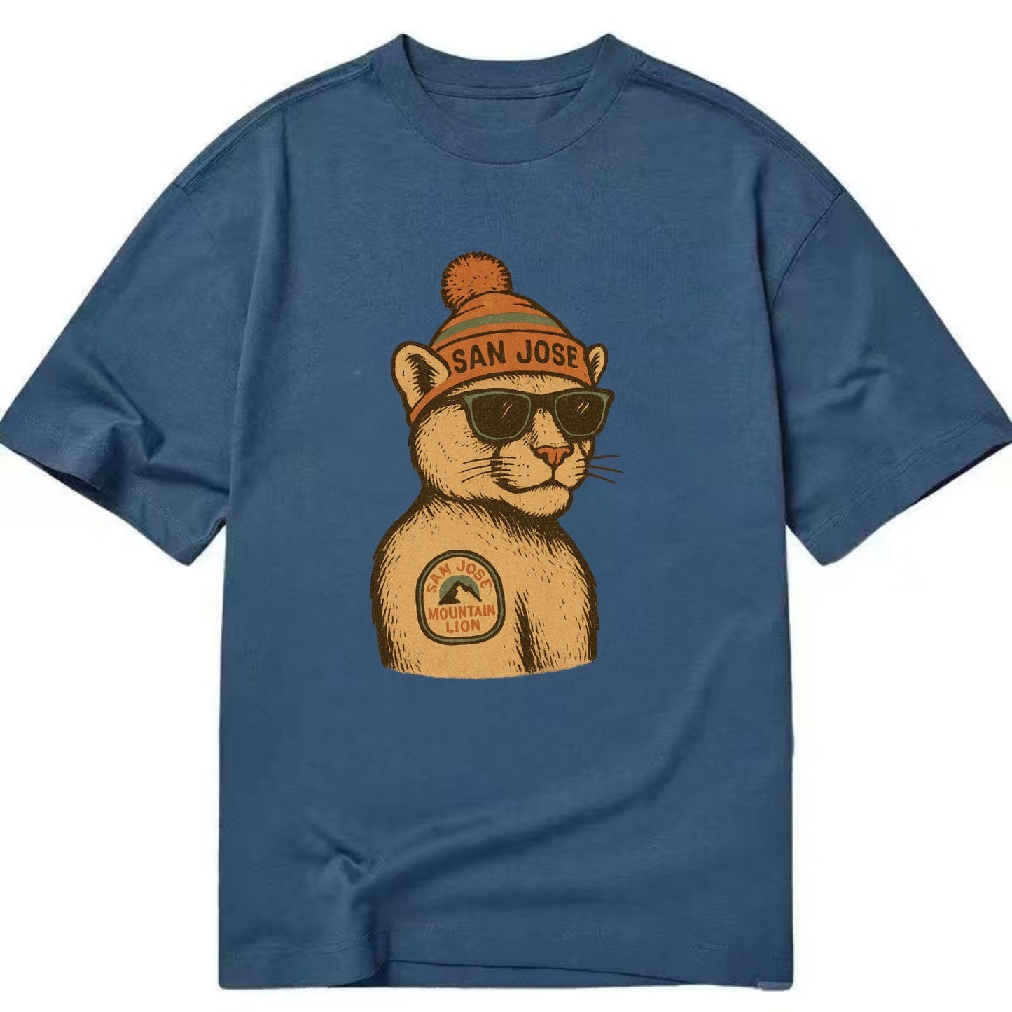 San Jose Mountain Lion wearing San Jose beanie with pom pom and wayfarer - Classic T-shirt - Twilight Navy(Blue)